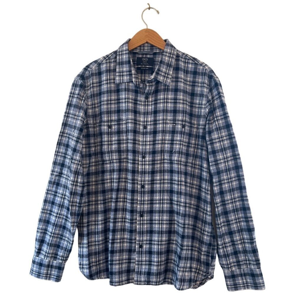1901 Mens Size XL Shirt Blue Woven Plaid Cotton Flannel Soft Fairview Wash - EUC
